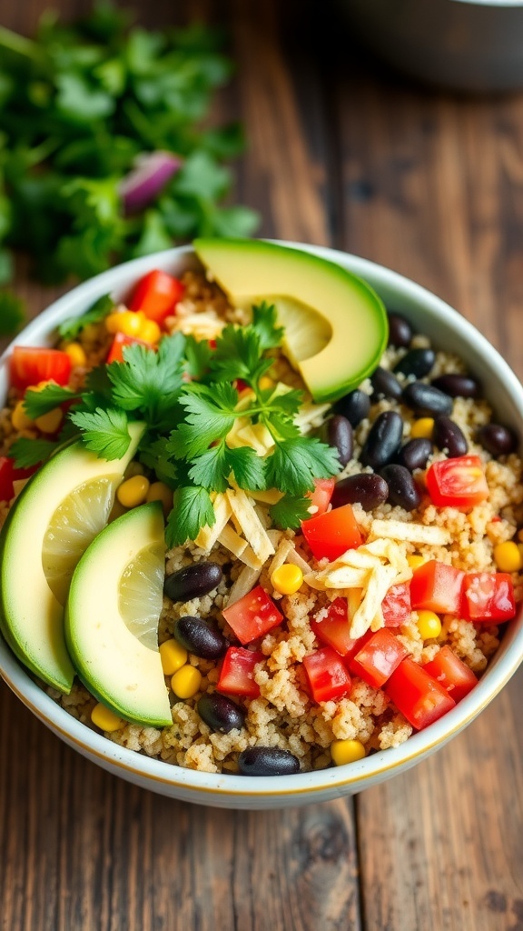 A vibrant quinoa burrito bowl with black beans, corn, tomatoes, avocado, and cheese, garnished with cilantro and lime.